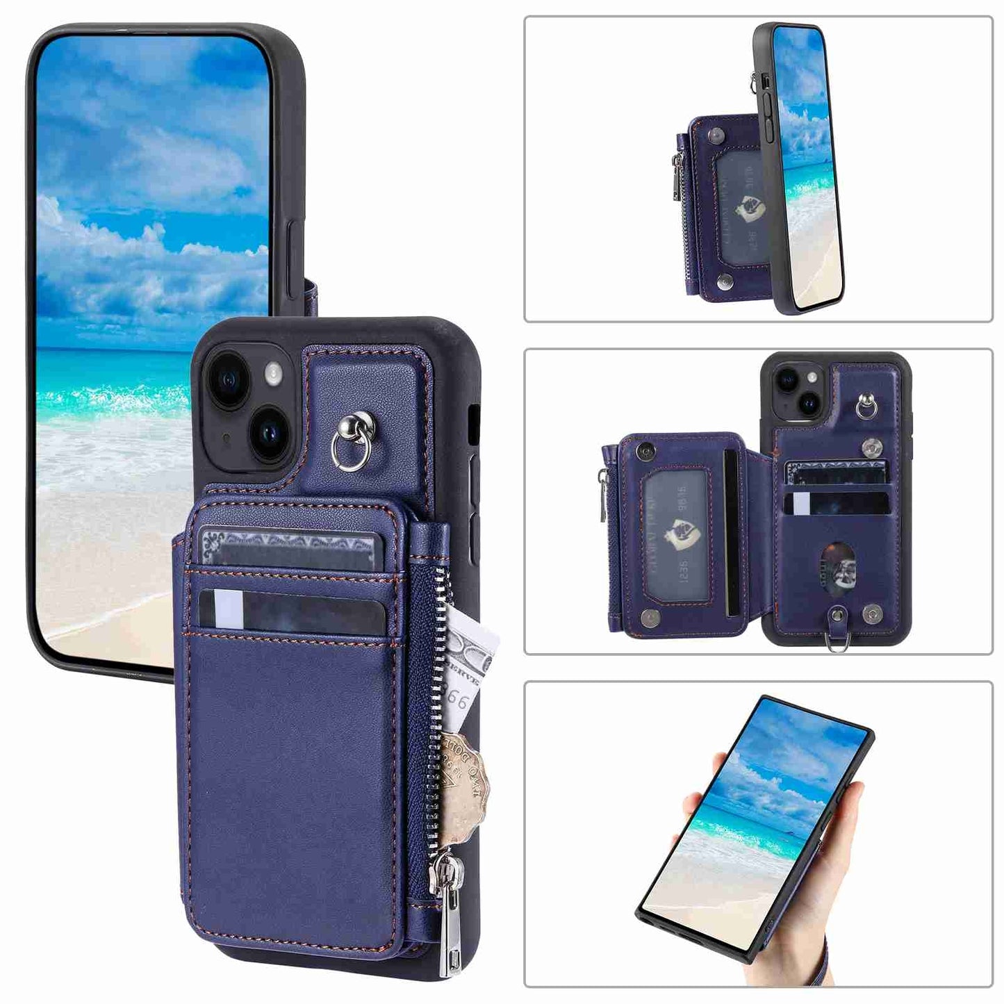ELECTROPRIME For iPhone 15 Zipper Card Slots RFID Phone Case(Blue)