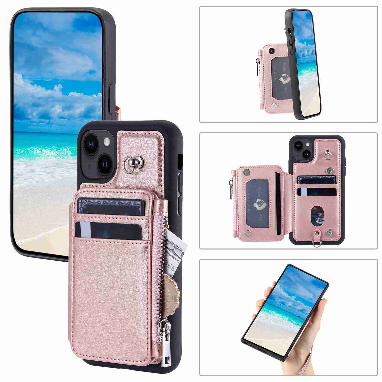 ELECTROPRIME For iPhone 15 Zipper Card Slots RFID Phone Case(Rose Gold)