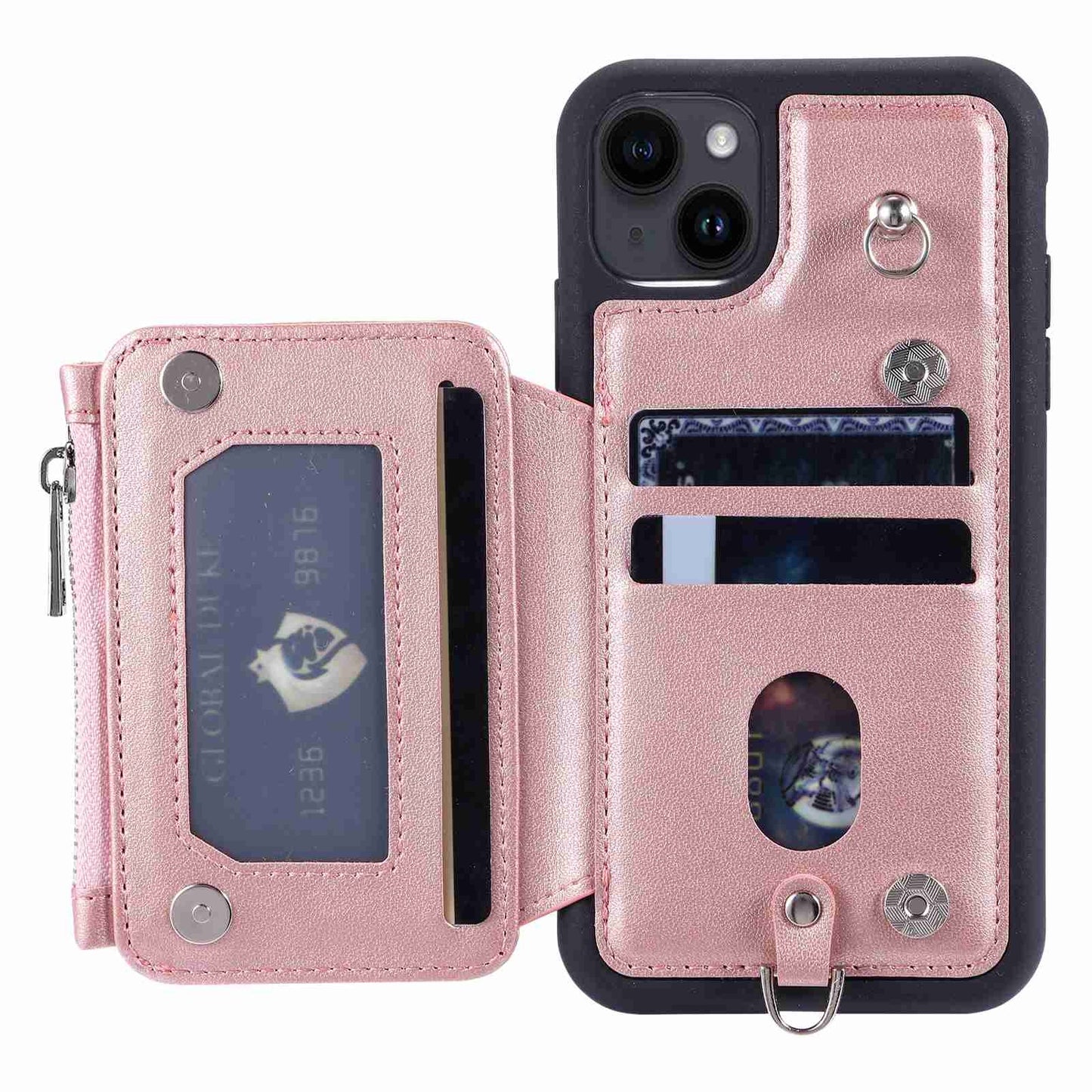 ELECTROPRIME For iPhone 15 Zipper Card Slots RFID Phone Case(Rose Gold)