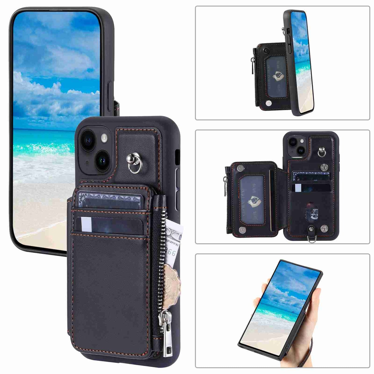 ELECTROPRIME For iPhone 15 Zipper Card Slots RFID Phone Case(Black)
