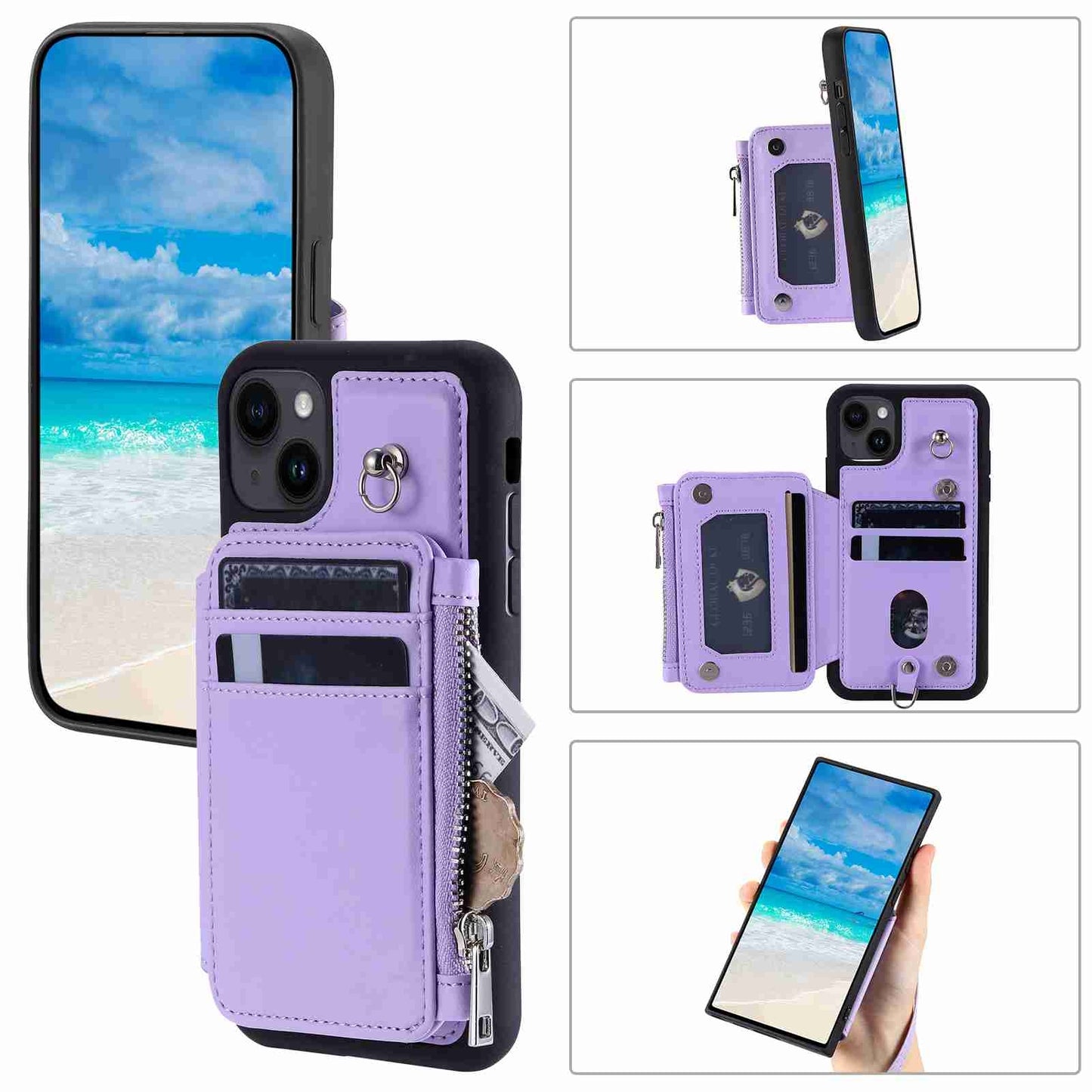 ELECTROPRIME For iPhone 15 Zipper Card Slots RFID Phone Case(Purple)
