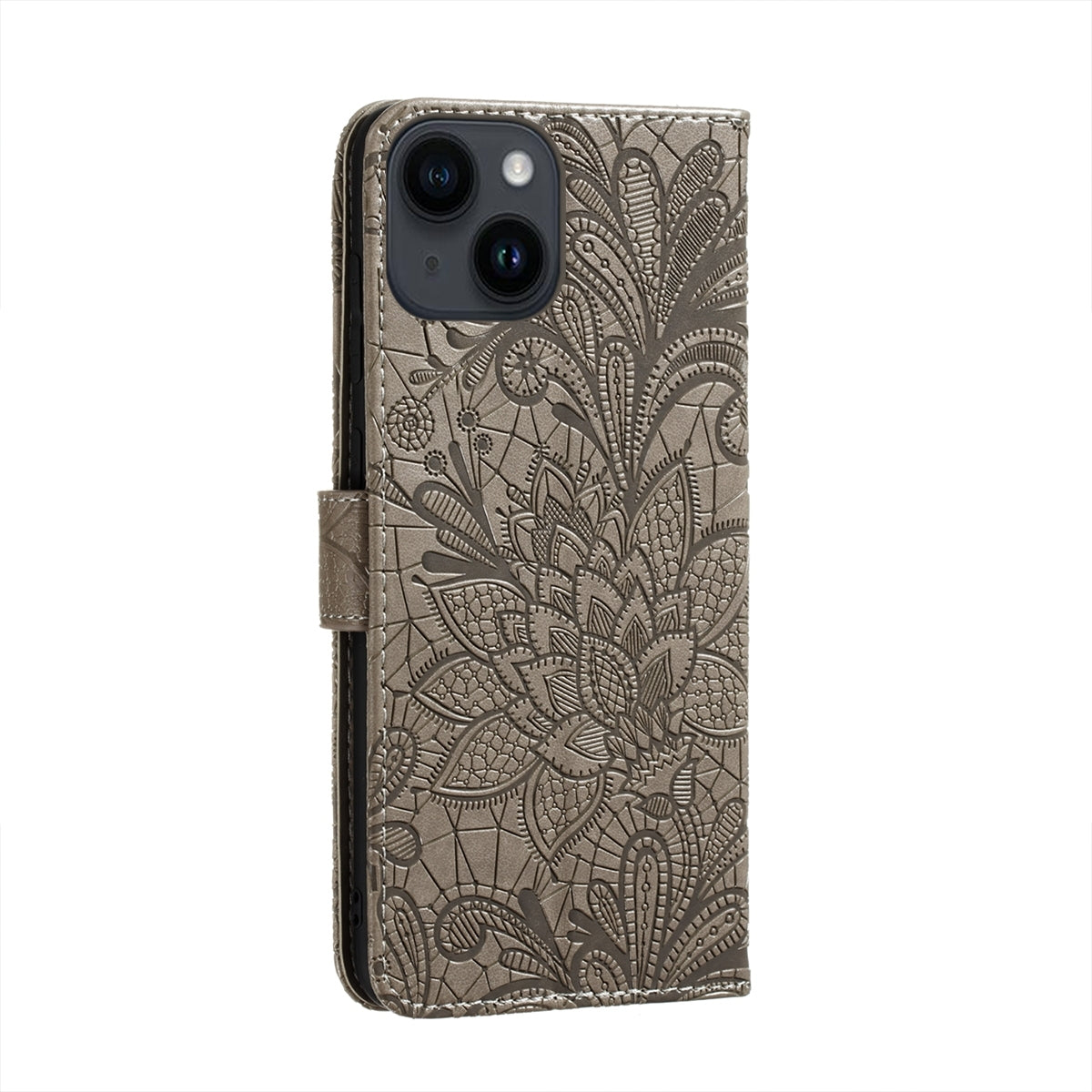 ELECTROPRIME For iPhone 15 Plus Lace Flower Embossing Flip Leather Phone Case(Grey)