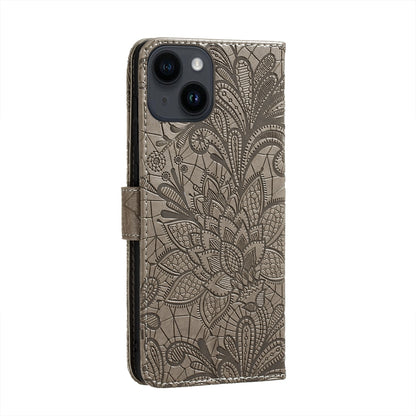 ELECTROPRIME For iPhone 15 Plus Lace Flower Embossing Flip Leather Phone Case(Grey)