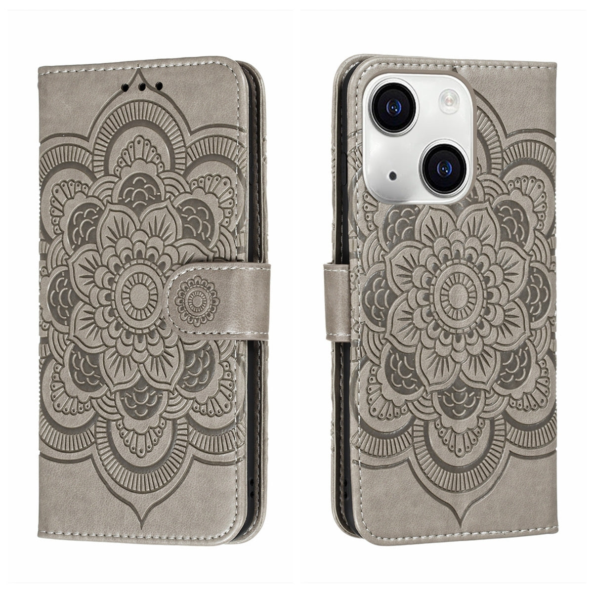 ELECTROPRIME For iPhone 15 Sun Mandala Embossing Leather Phone Case(Grey)