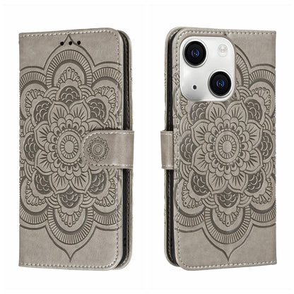 ELECTROPRIME For iPhone 15 Sun Mandala Embossing Leather Phone Case(Grey)