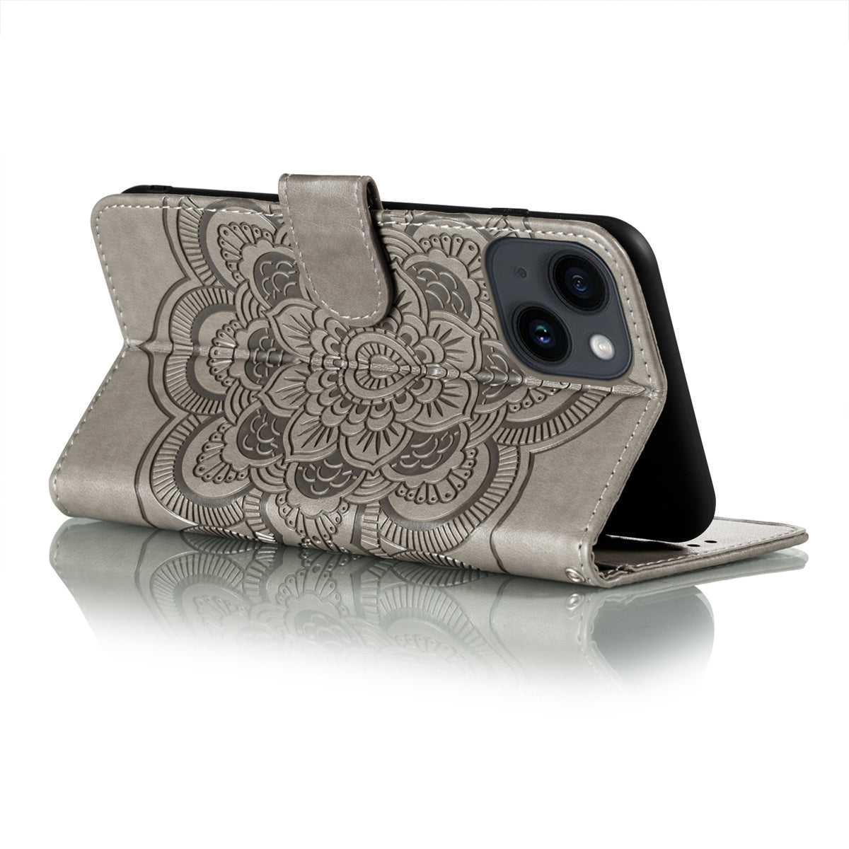 ELECTROPRIME For iPhone 15 Sun Mandala Embossing Leather Phone Case(Grey)