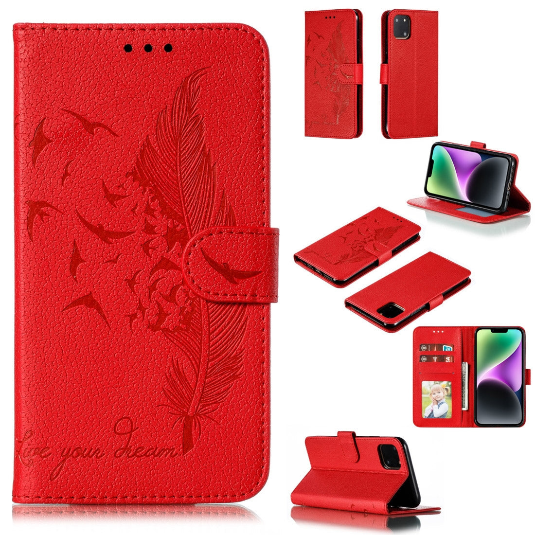 ELECTROPRIME For iPhone 15 Feather Pattern Litchi Texture Leather Phone Case(Red)