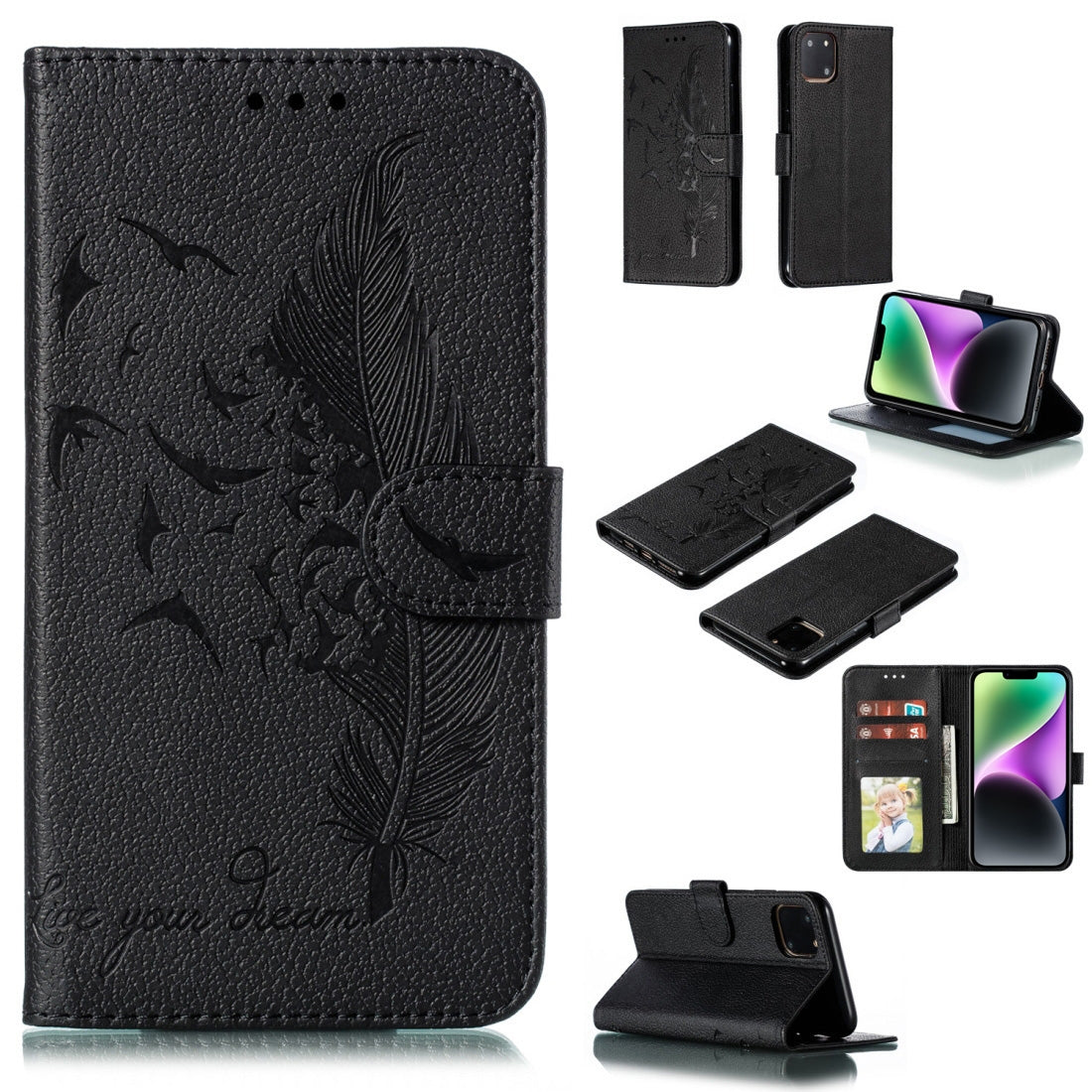 ELECTROPRIME For iPhone 15 Feather Pattern Litchi Texture Leather Phone Case(Black)