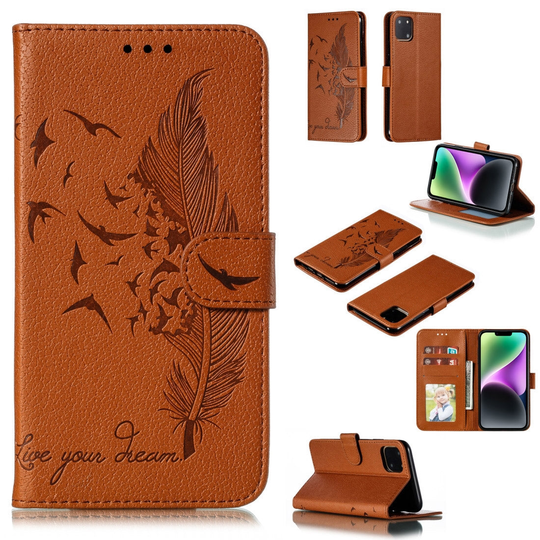 ELECTROPRIME For iPhone 15 Feather Pattern Litchi Texture Leather Phone Case(Brown)