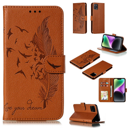 ELECTROPRIME For iPhone 15 Feather Pattern Litchi Texture Leather Phone Case(Brown)