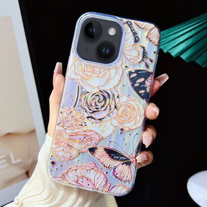 ELECTROPRIME For iPhone 15 Electroplated Color Film TPU + PC Phone Case(Black Gold Flowers)