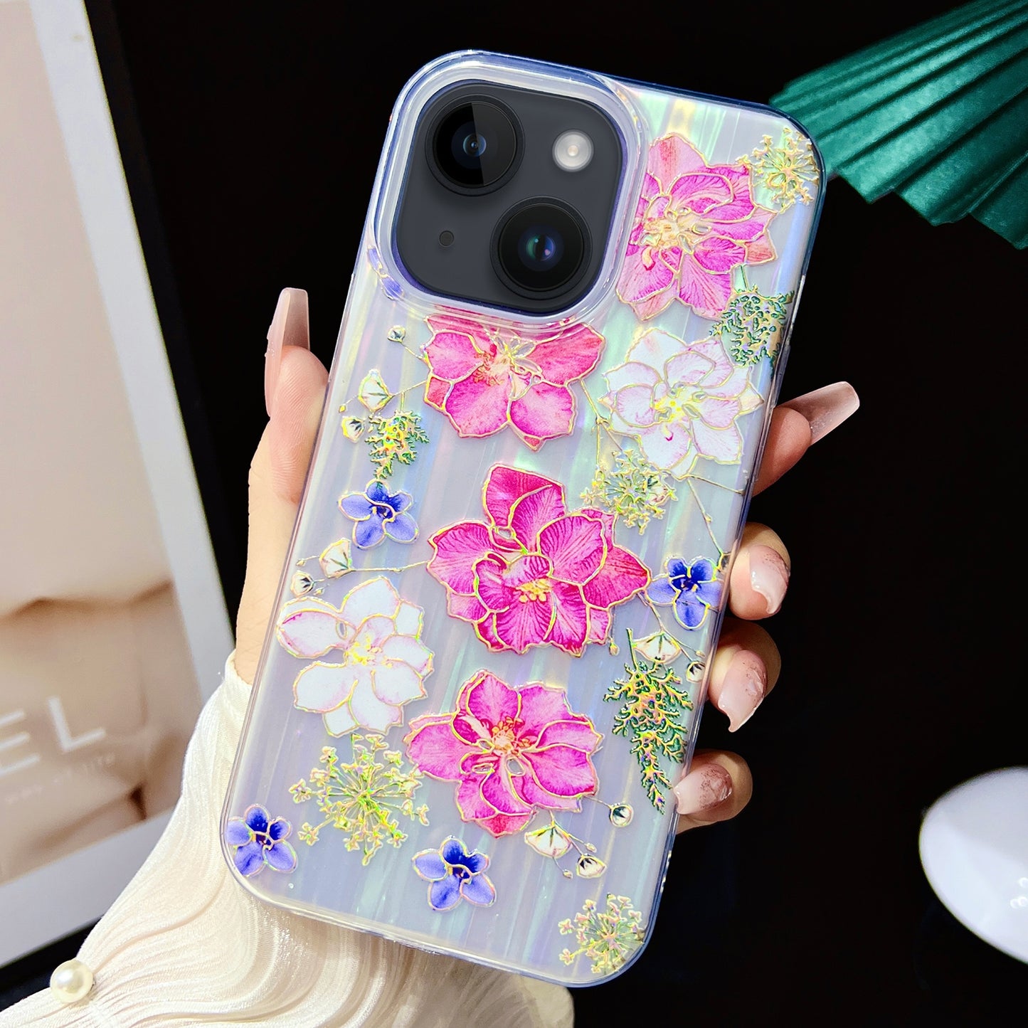 ELECTROPRIME For iPhone 15 Electroplated Color Film TPU + PC Phone Case(Red Flowers)