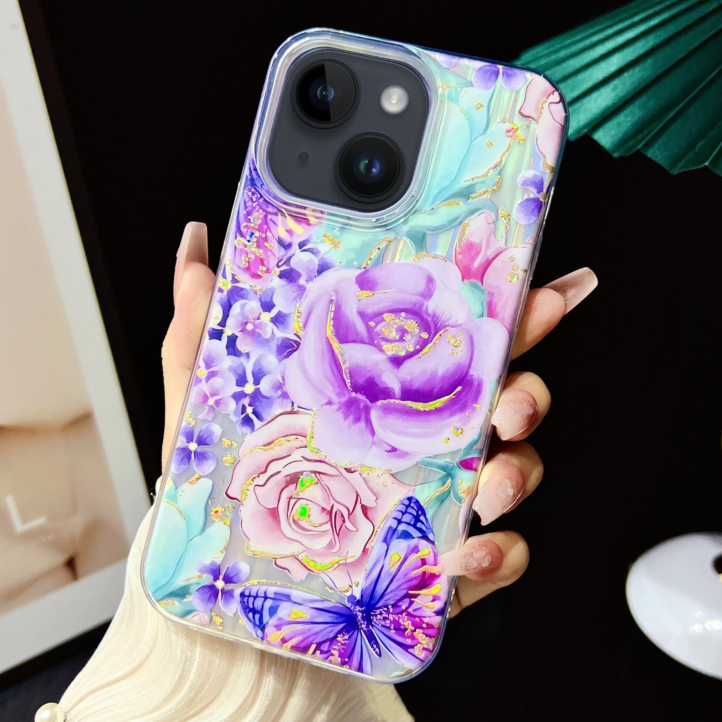 ELECTROPRIME For iPhone 15 Electroplated Color Film TPU + PC Phone Case(Purple Flowers)