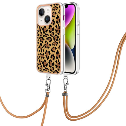 ELECTROPRIME For iPhone 15 Electroplating Dual-side IMD Phone Case with Lanyard(Leopard Print)
