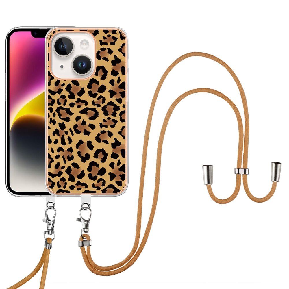 ELECTROPRIME For iPhone 15 Electroplating Dual-side IMD Phone Case with Lanyard(Leopard Print)