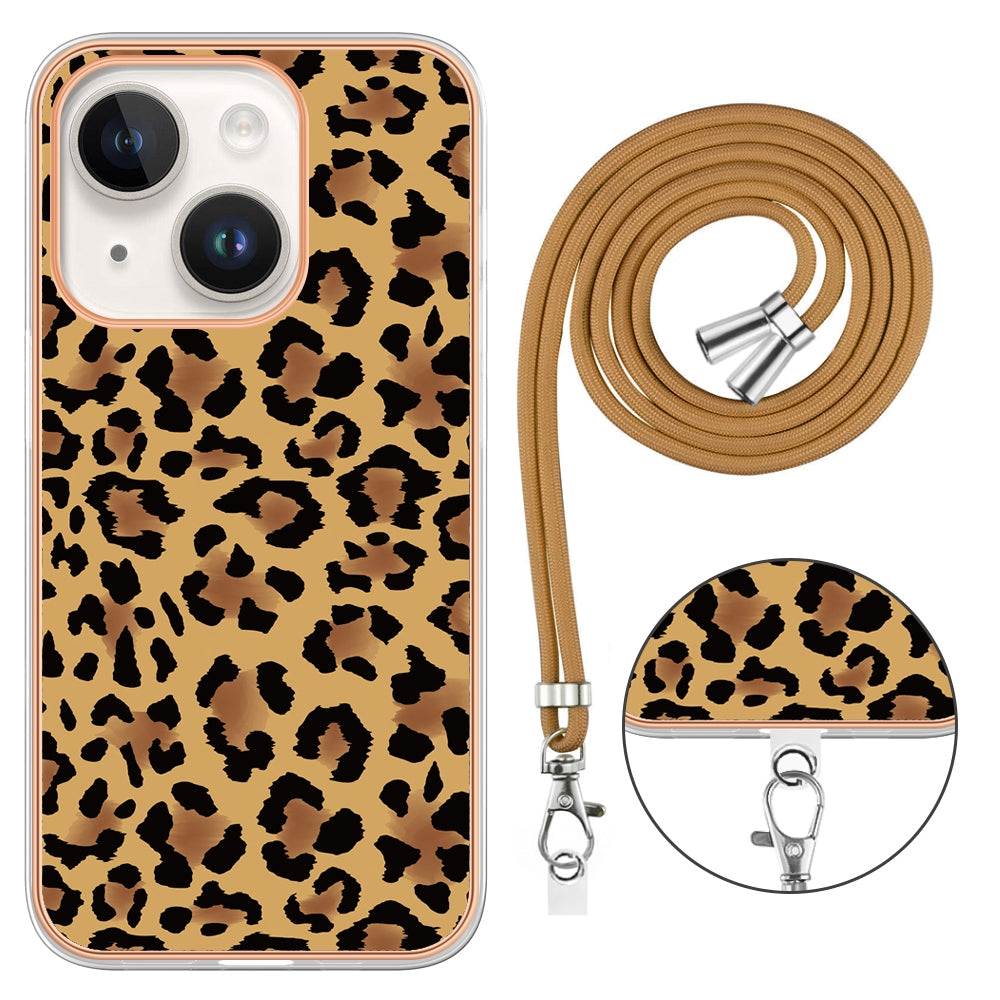 ELECTROPRIME For iPhone 15 Electroplating Dual-side IMD Phone Case with Lanyard(Leopard Print)