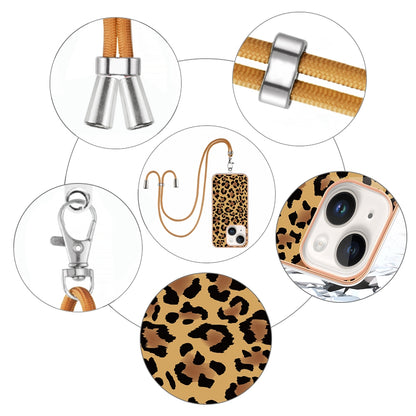 ELECTROPRIME For iPhone 15 Electroplating Dual-side IMD Phone Case with Lanyard(Leopard Print)