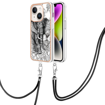 ELECTROPRIME For iPhone 15 Electroplating Dual-side IMD Phone Case with Lanyard(Totem Elephant)