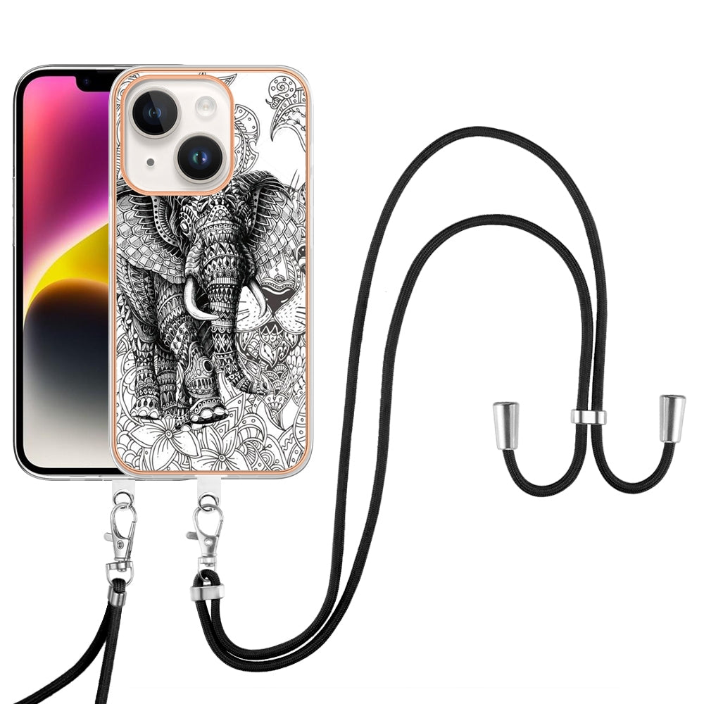 ELECTROPRIME For iPhone 15 Electroplating Dual-side IMD Phone Case with Lanyard(Totem Elephant)