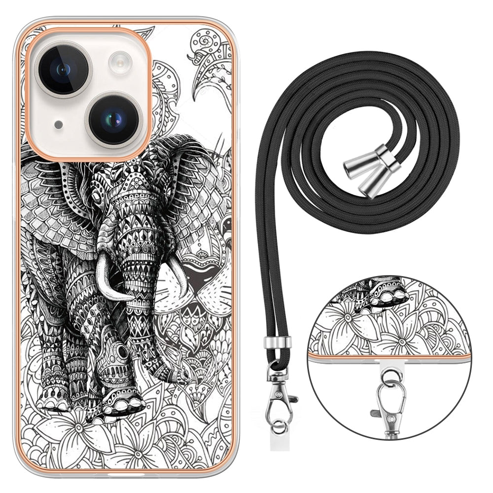ELECTROPRIME For iPhone 15 Electroplating Dual-side IMD Phone Case with Lanyard(Totem Elephant)