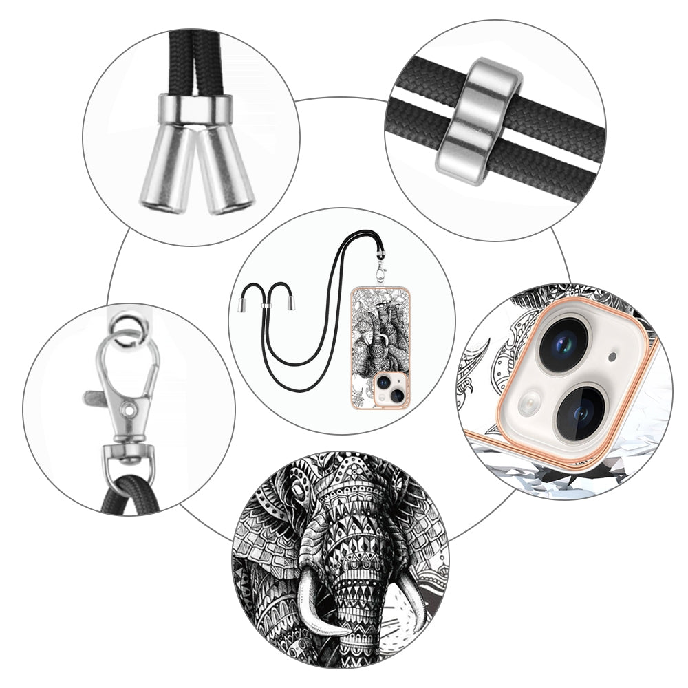 ELECTROPRIME For iPhone 15 Electroplating Dual-side IMD Phone Case with Lanyard(Totem Elephant)