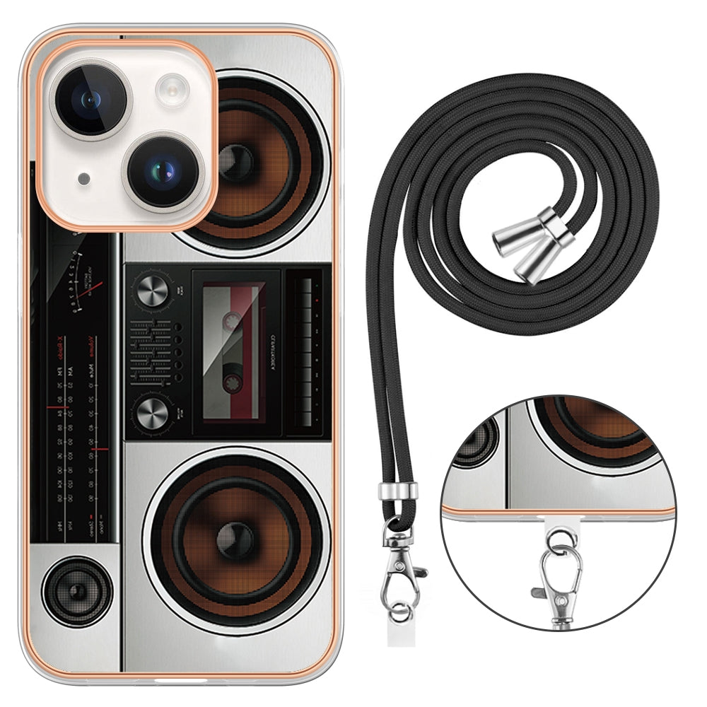 ELECTROPRIME For iPhone 15 Electroplating Dual-side IMD Phone Case with Lanyard(Retro Radio)