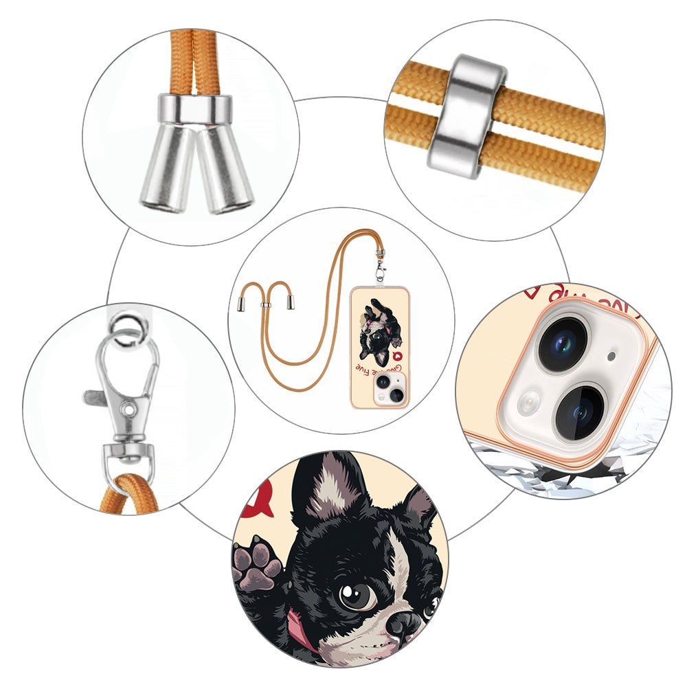 ELECTROPRIME For iPhone 15 Electroplating Dual-side IMD Phone Case with Lanyard(Lucky Dog)