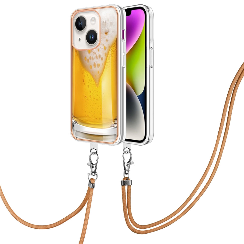 ELECTROPRIME For iPhone 15 Electroplating Dual-side IMD Phone Case with Lanyard(Draft Beer)