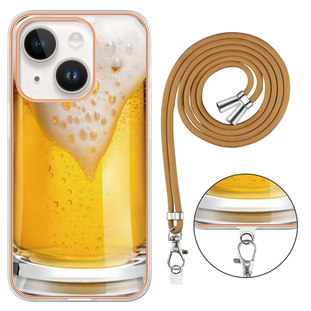 ELECTROPRIME For iPhone 15 Electroplating Dual-side IMD Phone Case with Lanyard(Draft Beer)