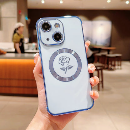 ELECTROPRIME For iPhone 15 Plus Electroplate Side Roses Flower MagSafe Phone Case(Blue)
