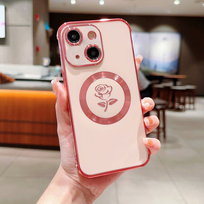 ELECTROPRIME For iPhone 15 Electroplate Side Roses Flower MagSafe Phone Case(Pink)