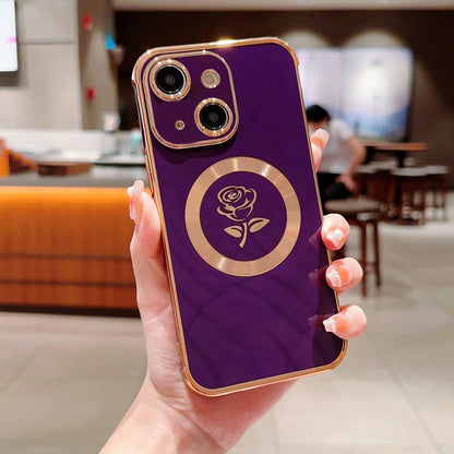 ELECTROPRIME For iPhone 15 Electroplate Side Roses Flower MagSafe Phone Case(Dark Purple)