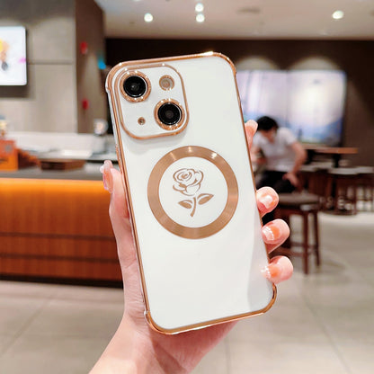 ELECTROPRIME For iPhone 15 Electroplate Side Roses Flower MagSafe Phone Case(White)