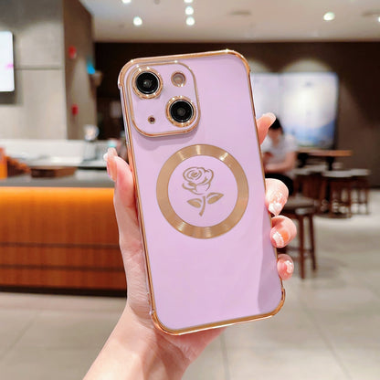 ELECTROPRIME For iPhone 15 Electroplate Side Roses Flower MagSafe Phone Case(Purple)