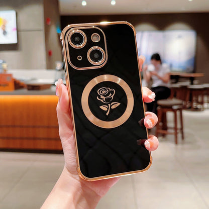 ELECTROPRIME For iPhone 15 Electroplate Side Roses Flower MagSafe Phone Case(Black)