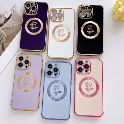 ELECTROPRIME For iPhone 15 Plus Electroplate Side Roses Flower MagSafe Phone Case(Blue)