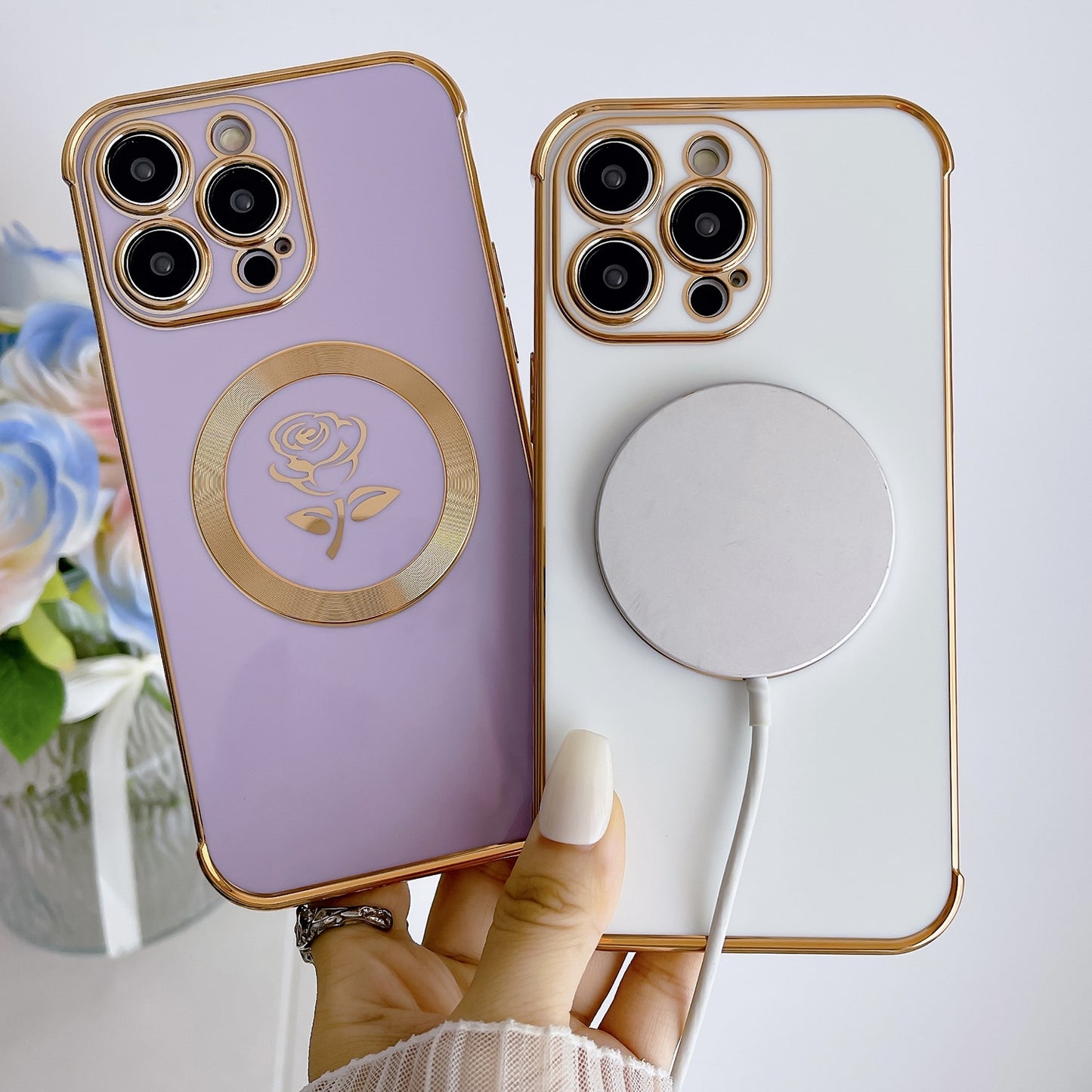 ELECTROPRIME For iPhone 15 Electroplate Side Roses Flower MagSafe Phone Case(Pink)