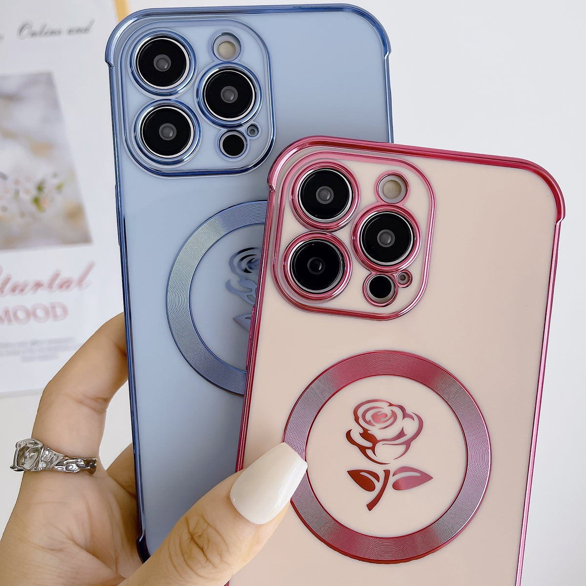 ELECTROPRIME For iPhone 15 Plus Electroplate Side Roses Flower MagSafe Phone Case(Blue)