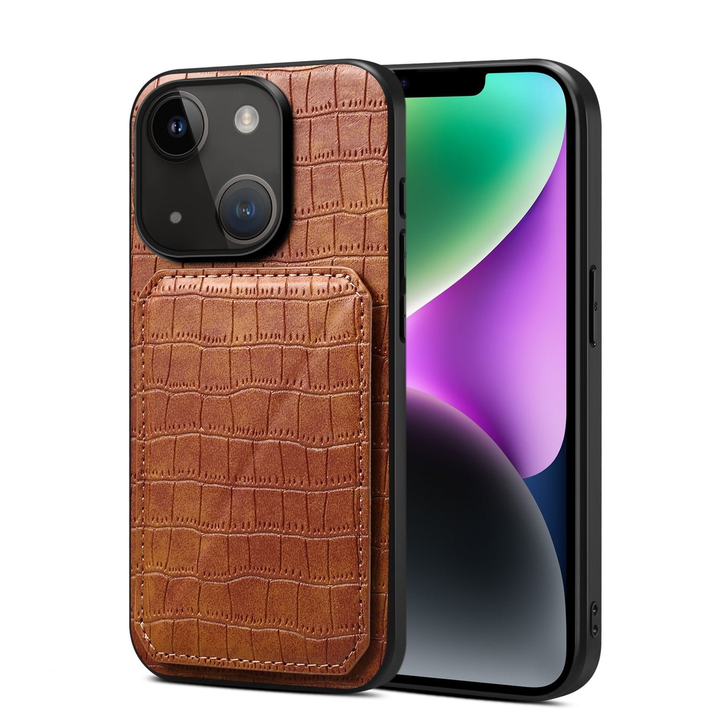 ELECTROPRIME For iPhone 15 Imitation Crocodile Leather Back Phone Case with Holder(Brown)