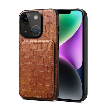 ELECTROPRIME For iPhone 15 Imitation Crocodile Leather Back Phone Case with Holder(Brown)