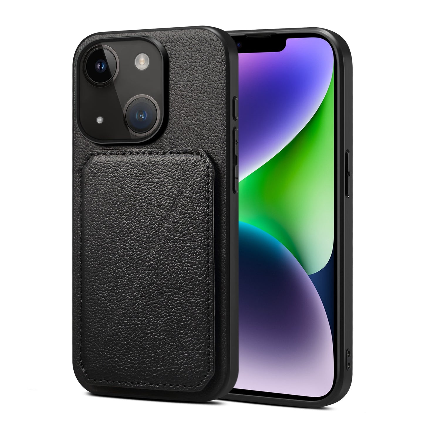 ELECTROPRIME For iPhone 15 Imitation Calfskin Leather Back Phone Case with Holder(Black)