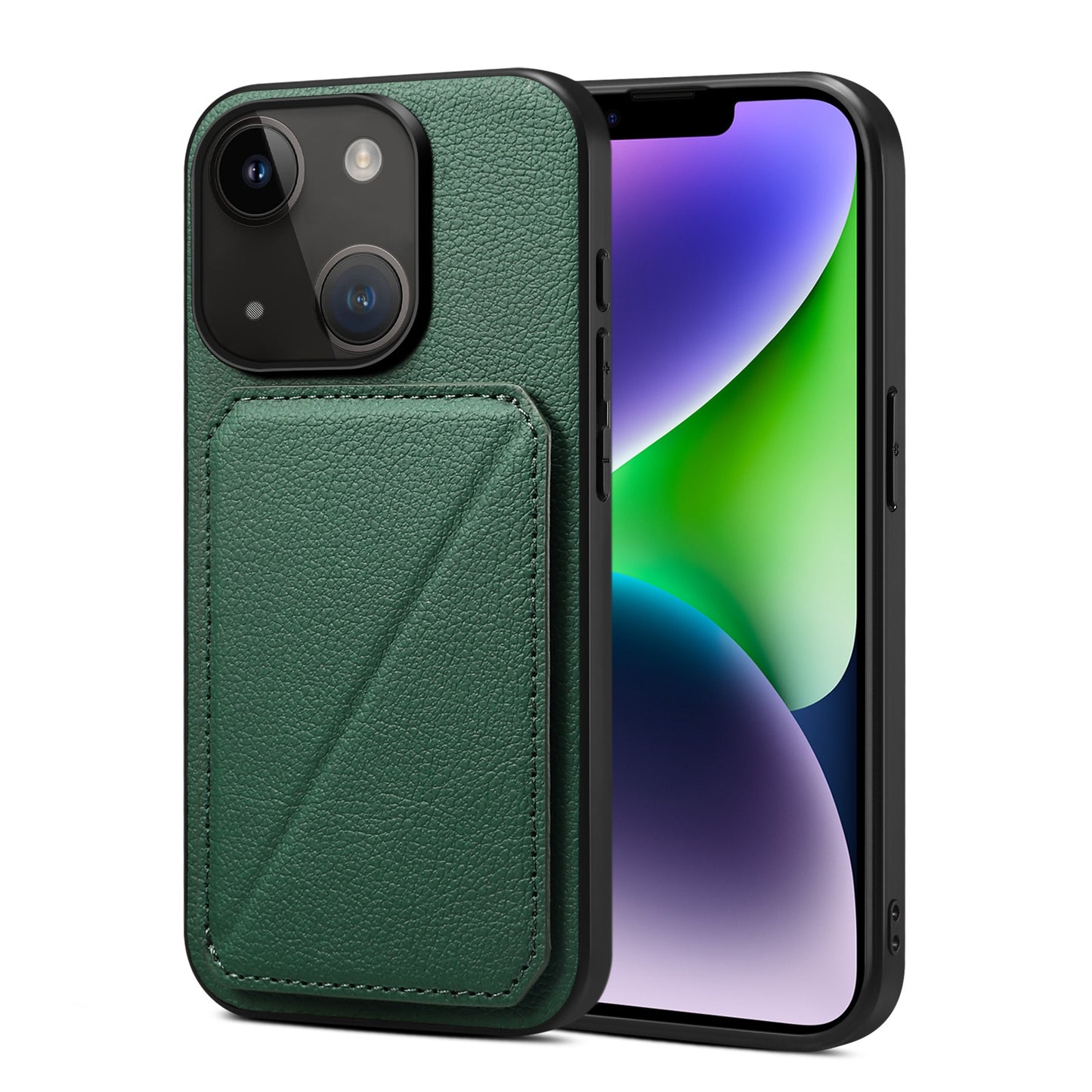 ELECTROPRIME For iPhone 15 Imitation Calfskin Leather Back Phone Case with Holder(Green)