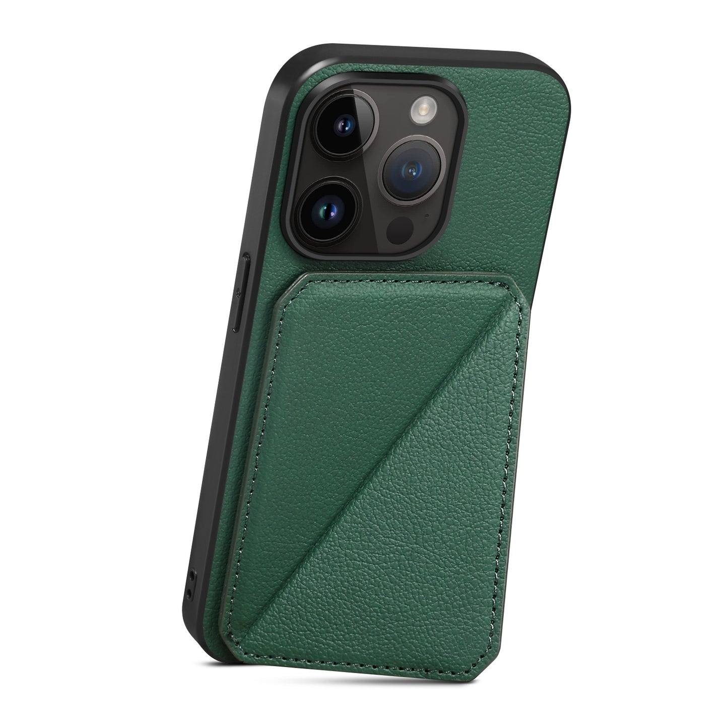 ELECTROPRIME For iPhone 15 Imitation Calfskin Leather Back Phone Case with Holder(Green)