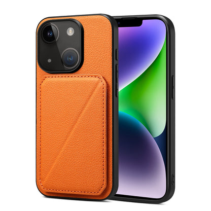 ELECTROPRIME For iPhone 15 Imitation Calfskin Leather Back Phone Case with Holder(Orange)