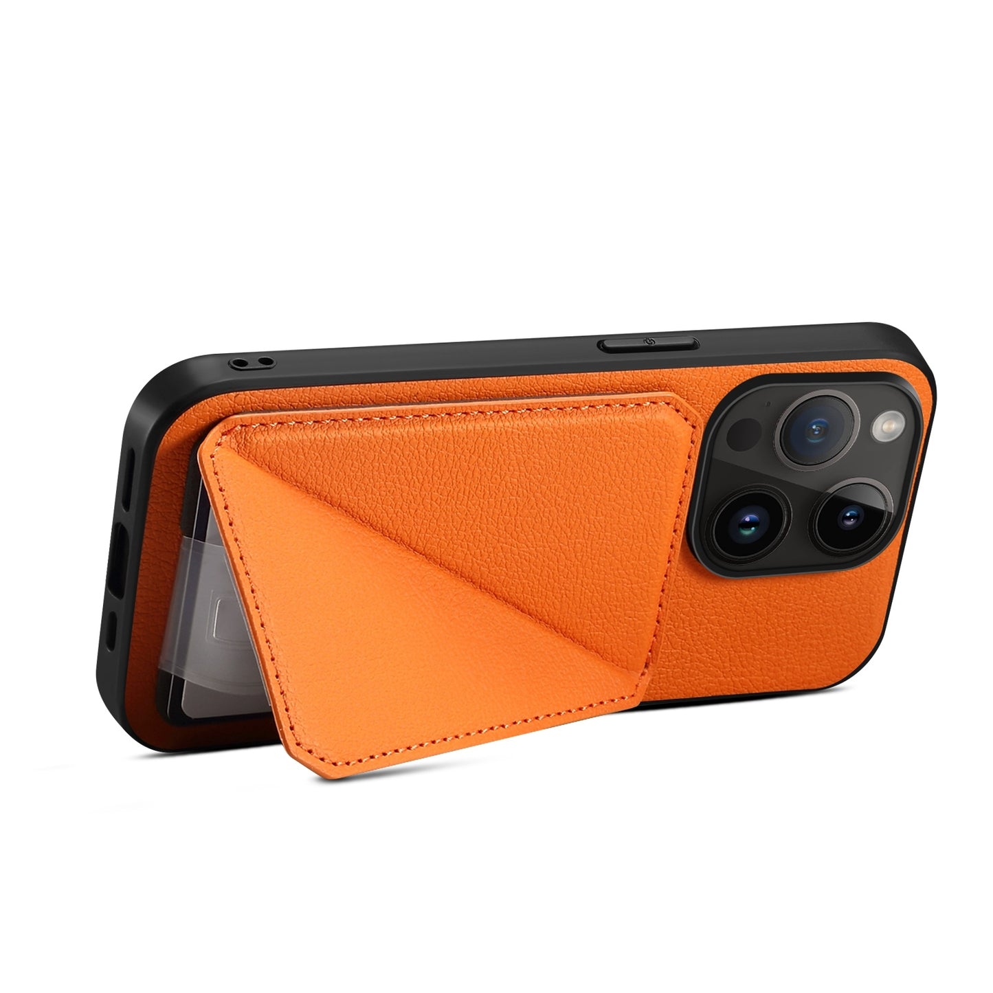 ELECTROPRIME For iPhone 15 Imitation Calfskin Leather Back Phone Case with Holder(Orange)