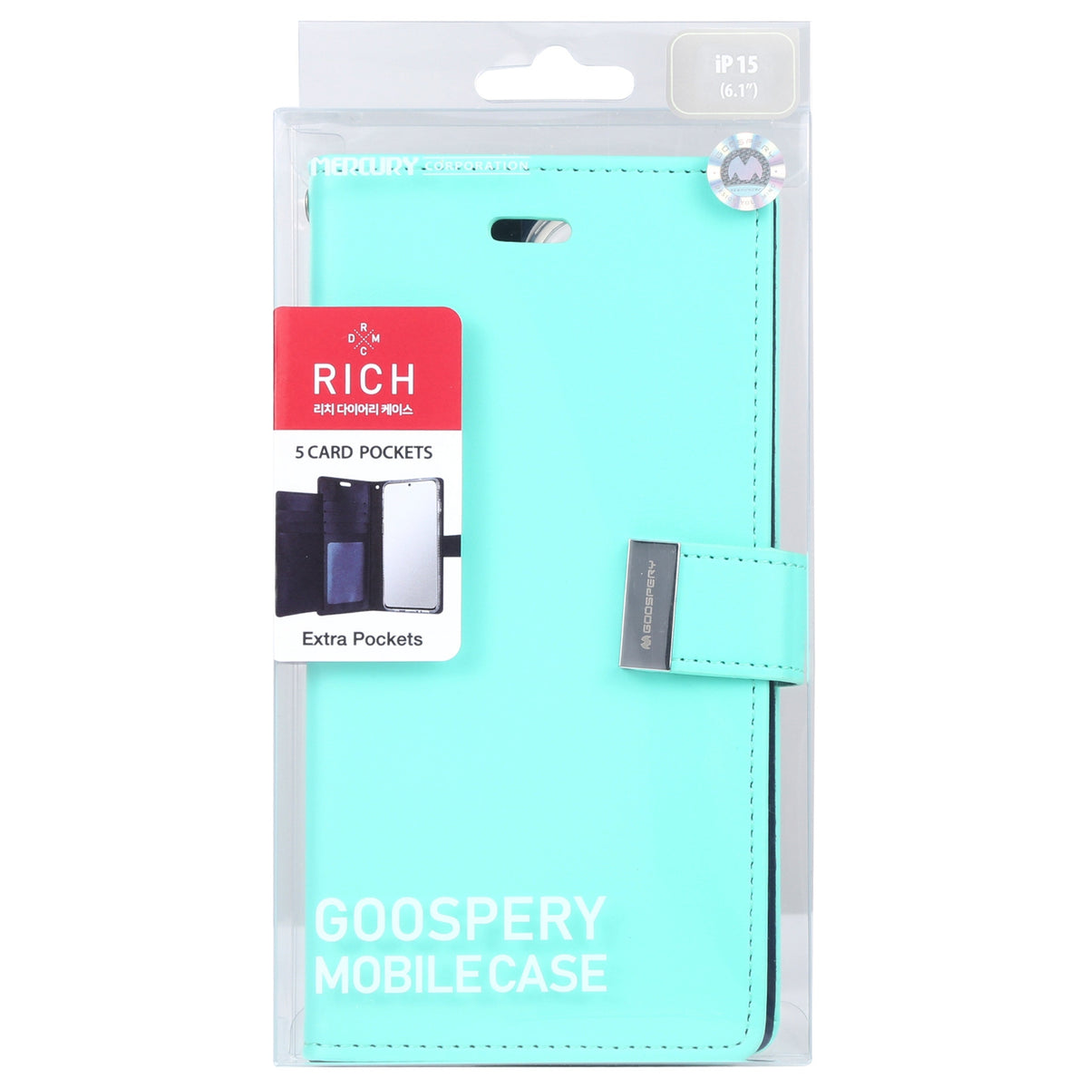 ELECTROPRIME For iPhone 15 Plus GOOSPERY RICH DIARY Crazy Horse Texture Leather Phone Case(Mint Green)
