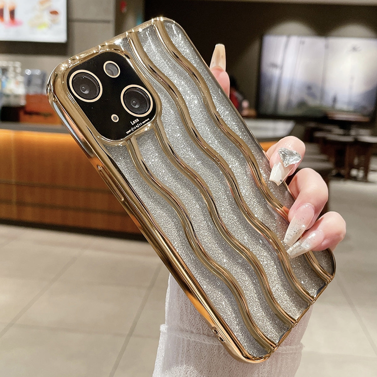 ELECTROPRIME For iPhone 15 Plus Wave Texture Electroplated TPU Glitter Powder Phone Case(Gold)