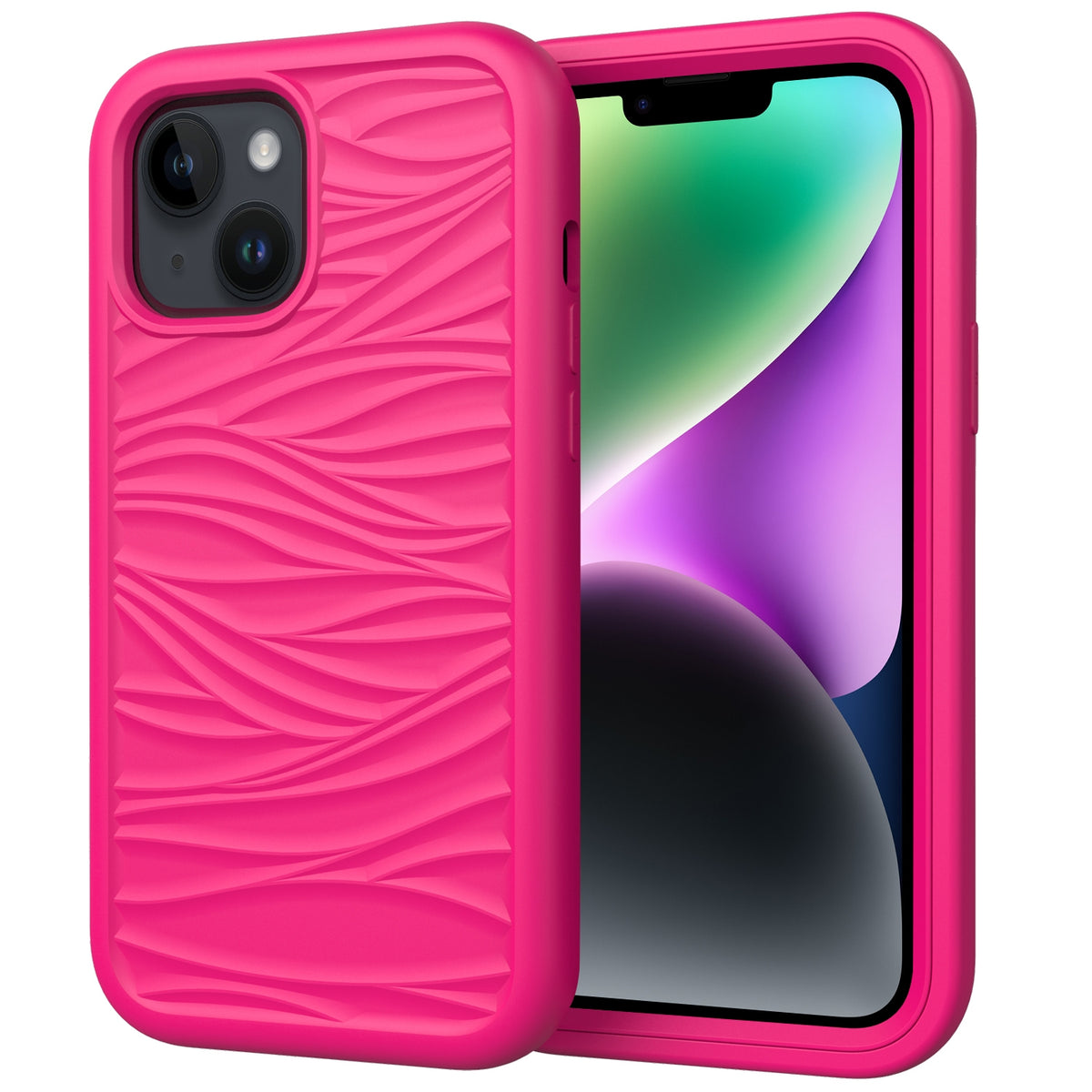 ELECTROPRIME For iPhone 15 Plus Wave Pattern 3 in 1 Silicone + PC Phone Case(Hot Pink)