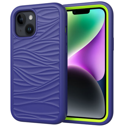 ELECTROPRIME For iPhone 15 Wave Pattern 3 in 1 Silicone + PC Phone Case(Navy+Olivine)