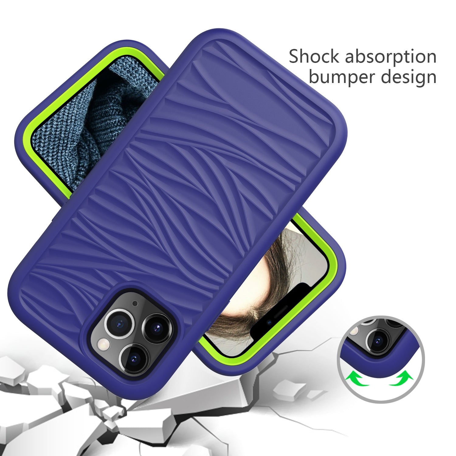 ELECTROPRIME For iPhone 15 Wave Pattern 3 in 1 Silicone + PC Phone Case(Navy+Olivine)